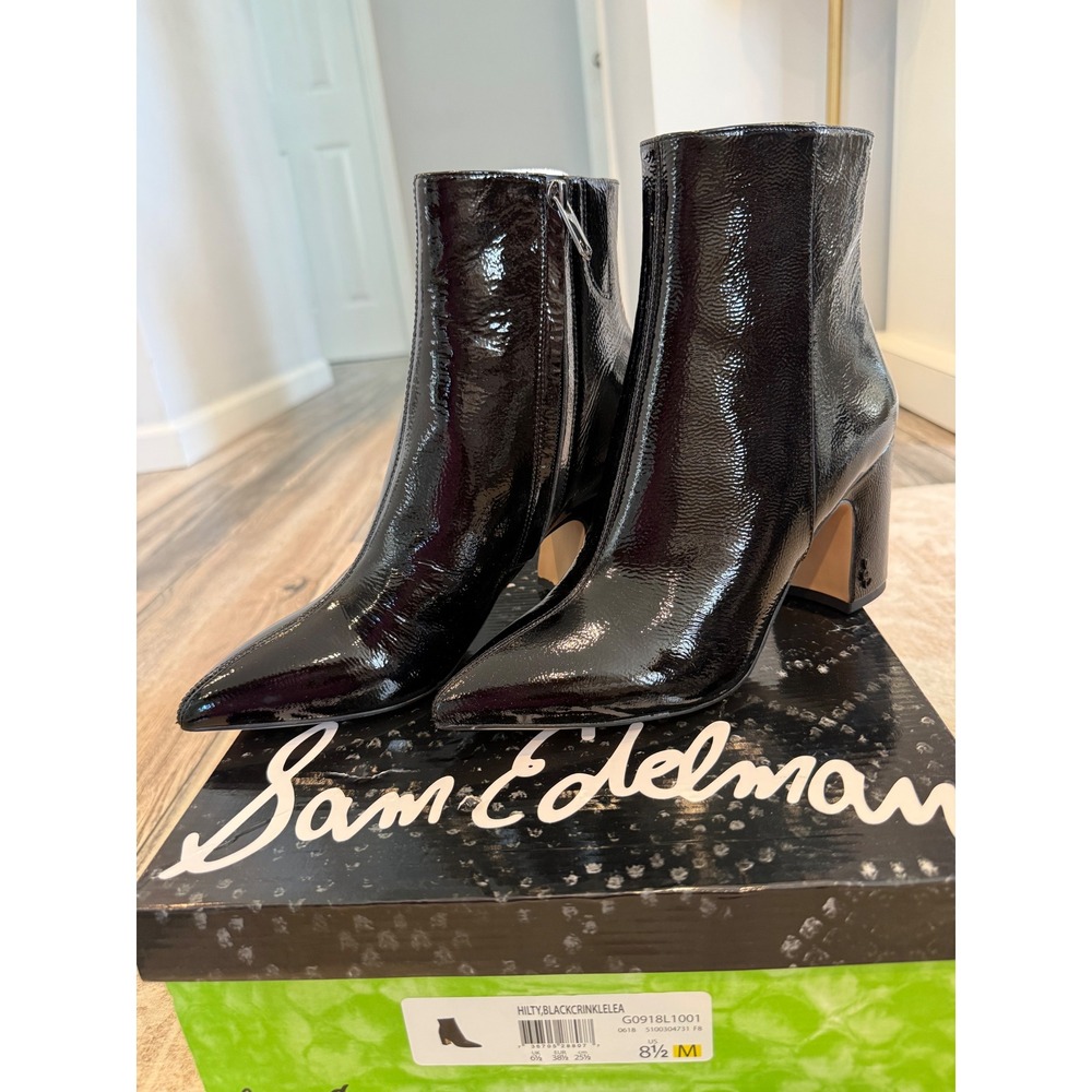 Sam Edelman Hilty Black Crinkle Leather Ankle Boots Pointed Toe Block Heel 8.5M